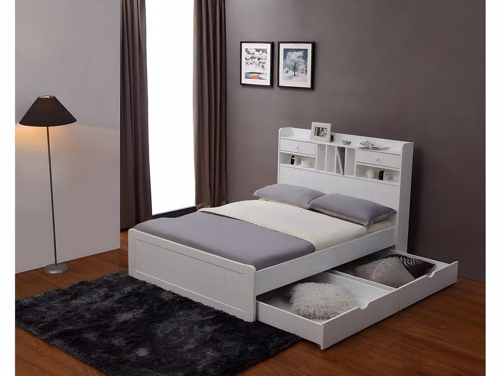 MEDERICK White Lacquered Pine Double Bed with Storage Drawers W/D/H: 140 x 190 x 148 cm – 3