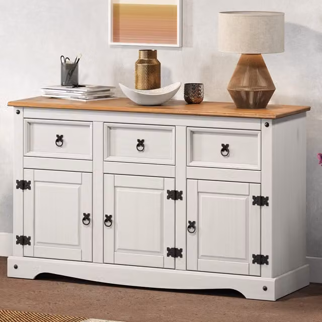 Mercers Furniture Corona 3 Door 3 Drawer Sideboard in Distressed White Wax Solid Pine Wood