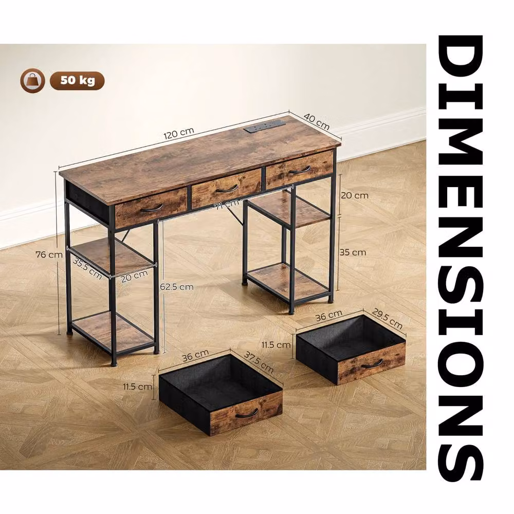 FURNOS Industrial Computer Desk with Drawers and USB Outlets, Brown, W: 120 cm, D: 40 cm, H: 76 cm – 6
