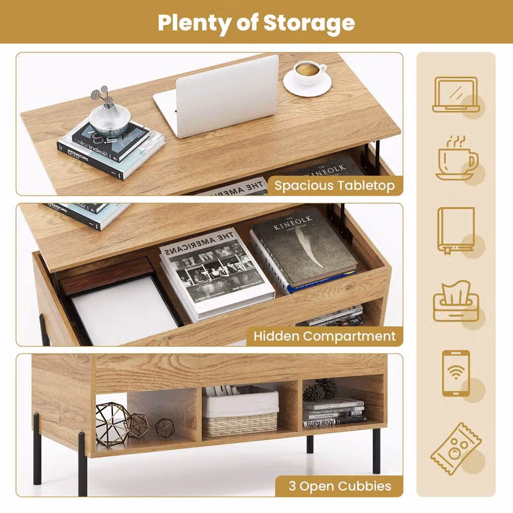 Costway Modern Rectangular Lift Top Coffee Table in Brown – 3