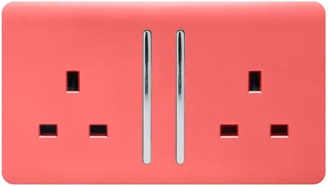 Trendi Flush 2 Gang 13 Amp Switched Plug Socket in Red and Chrome