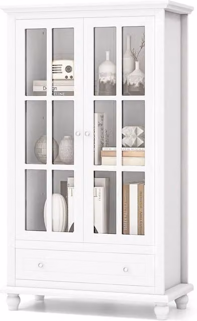 COSTWAY White Bookshelf Organiser Storage Cabinet with Glass Doors and Internal Shelves