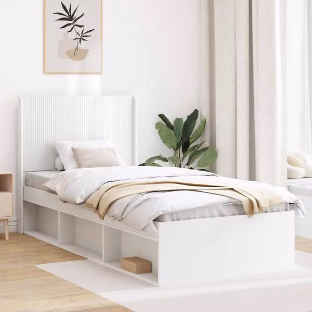 Berkfield Home White Bed Frame with Headboard and Side Compartment Storage, W/D/H: 100 x 200 cm