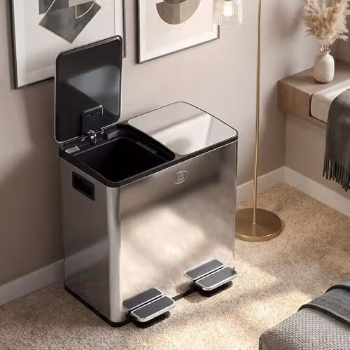 HOMCOM Dual Kitchen Bin with Soft Close Lid and Fingerprint Proof Stainless Steel in Silver, 2 x 20L – 7