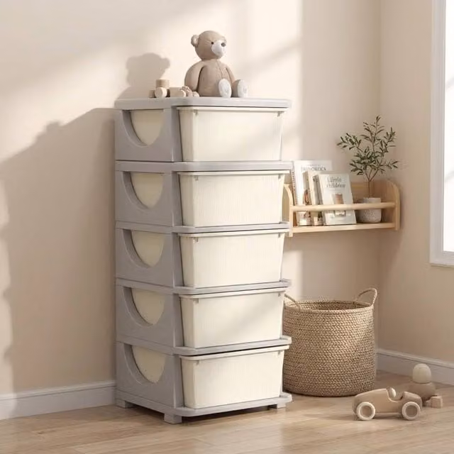 STILVORA 4-Tier Kids Storage Unit with 4 Drawers in Beige and White