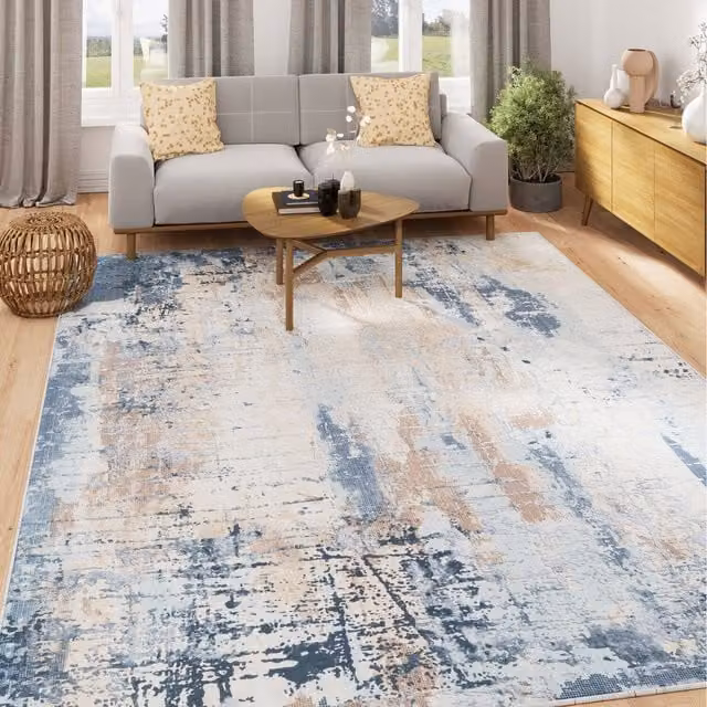 The Rug House Blue Grey Abstract Modern Washable Rectangular Rug W: 60 cm, D: 240 cm, H: 0.5 cm