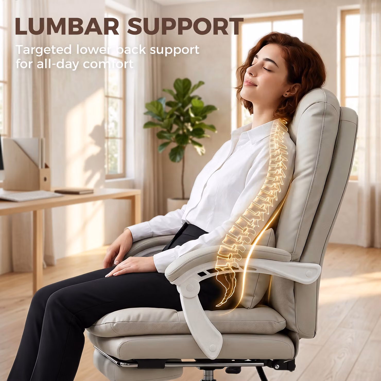 HOMCOM Ergonomic Executive Office Chair in Beige Velvet with Headrest, Lumbar Support and Footrest – 6