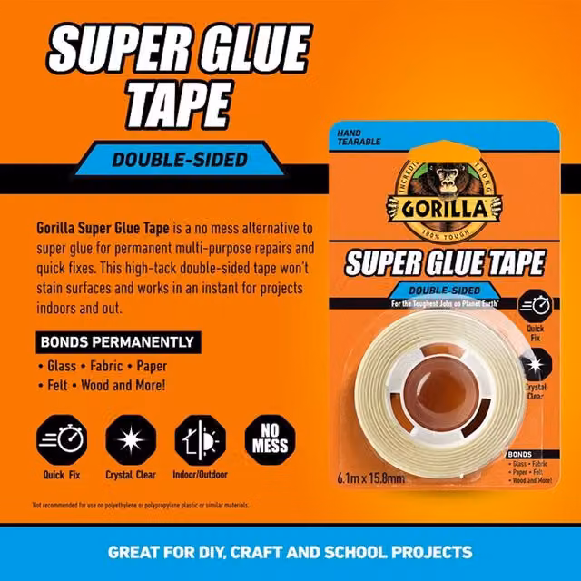 Gorilla Double Sided Super Glue Tape, Transparent, Width: 1.58 cm, Length: 6.1 m – 1