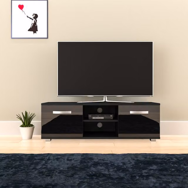 Vida Designs Cosmo Modern 2 Door Glossy TV Unit in Black, Width: 120 cm