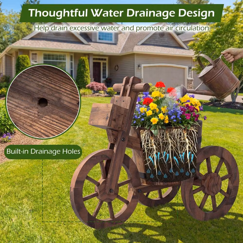 Costway Barrel Tricycle Wooden Planter with Wheels and Drainage Hole, Brown, W: 54.0 cm, D: 29.0 cm, H: 44.0 cm – 4
