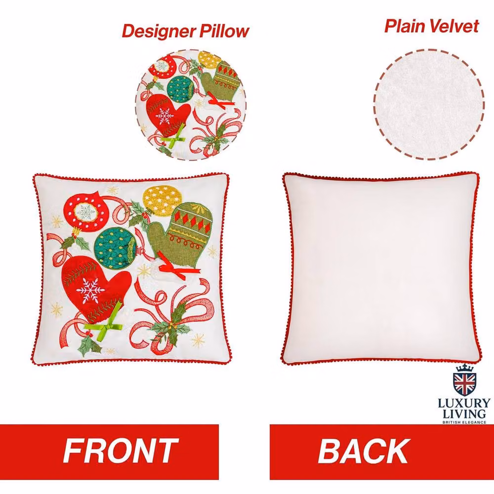Luxury Living Embroidered Christmas Cushion in Cream with Mittens, Baubles and Bell, W/D/H: 45 x 45 x 45 cm – 3