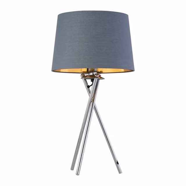 First Choice Lighting Tripod Chrome Lamp with Grey and Gold Fabric Shade – 1