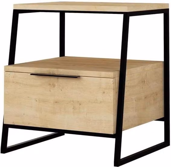 KORVIXA Modern 1 Drawer Bedside Table in Light Oak with Metal Frame