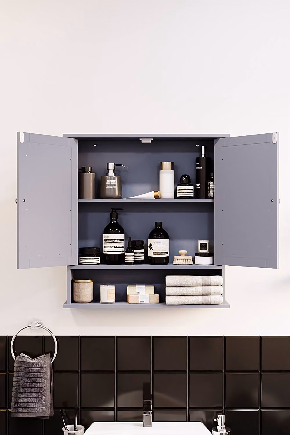 HD Designs Priano 2 Door Mirrored Wall Cabinet with Internal Shelves in Dark Grey, W/D/H: 58 x 13 x 56 cm – 5