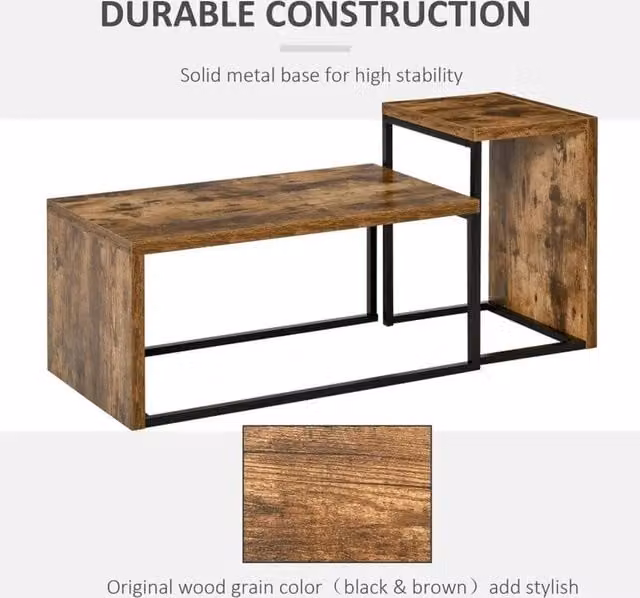 FORGEVIO Set of 2 Rustic Industrial Coffee and Side Tables with Metal Frame in Brown