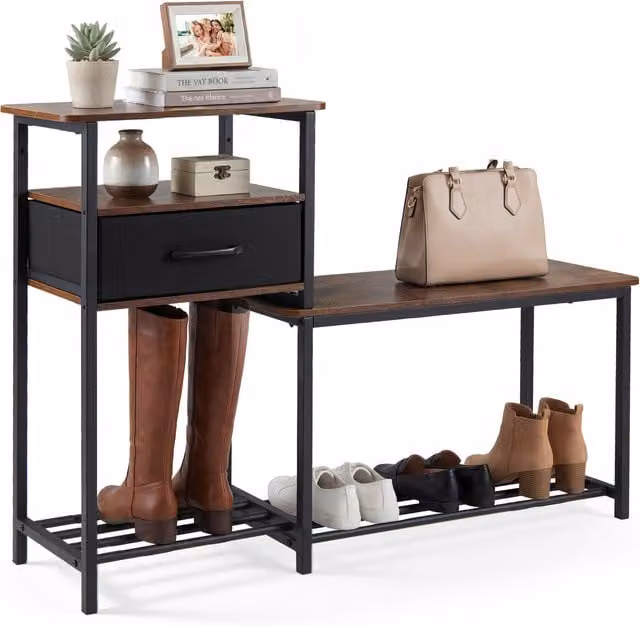 COSTWAY Industrial 3-Tier Shoe Rack Bench in Brown
