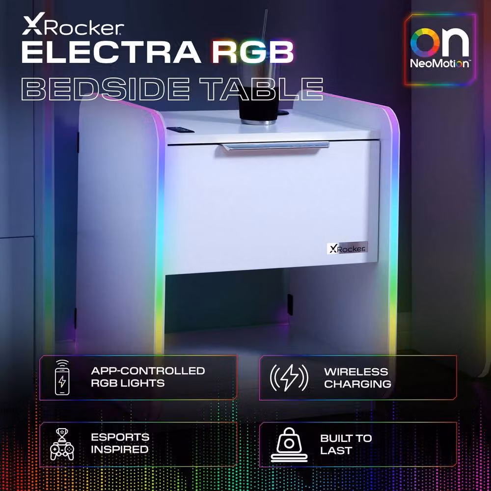 X Rocker Electra White Bedside Table with Drawer, RGB LED Lights and Wireless Charging, W/D/H: 45 x 40 x 55.5 cm – 2