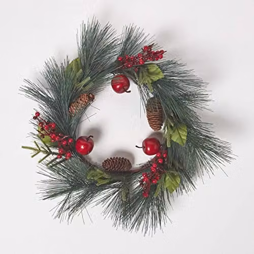 Homescapes Round Artificial Christmas Wreath with Red Berries and Apples, Diameter: 50 cm, Green and Red