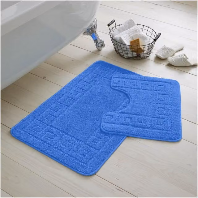Gaveno Cavalia 2 Piece Greek Bath Set in Blue with Bath Mat and WC Pedestal Mat