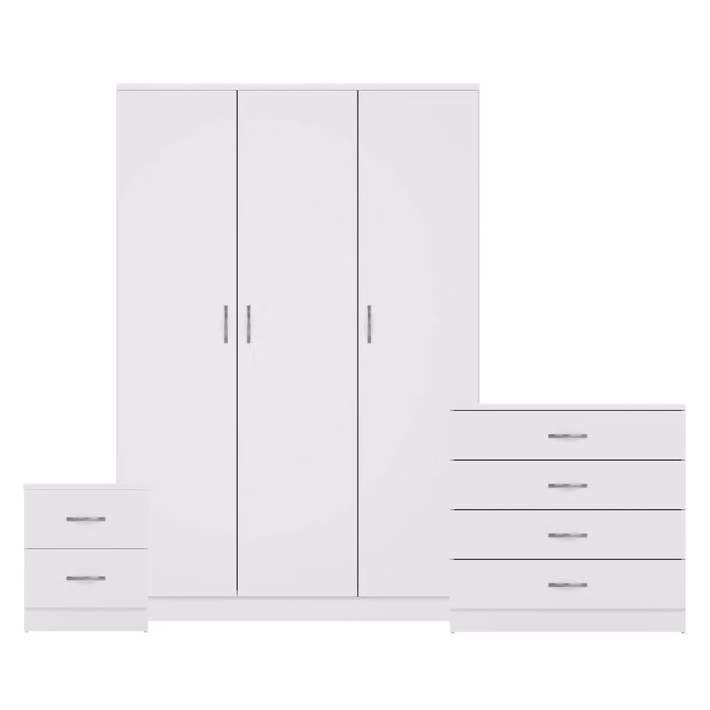 HD Designs Riano 3 Piece White Bedroom Set with 3 Door Wardrobe and 2 Drawer Bedside Tables – 2