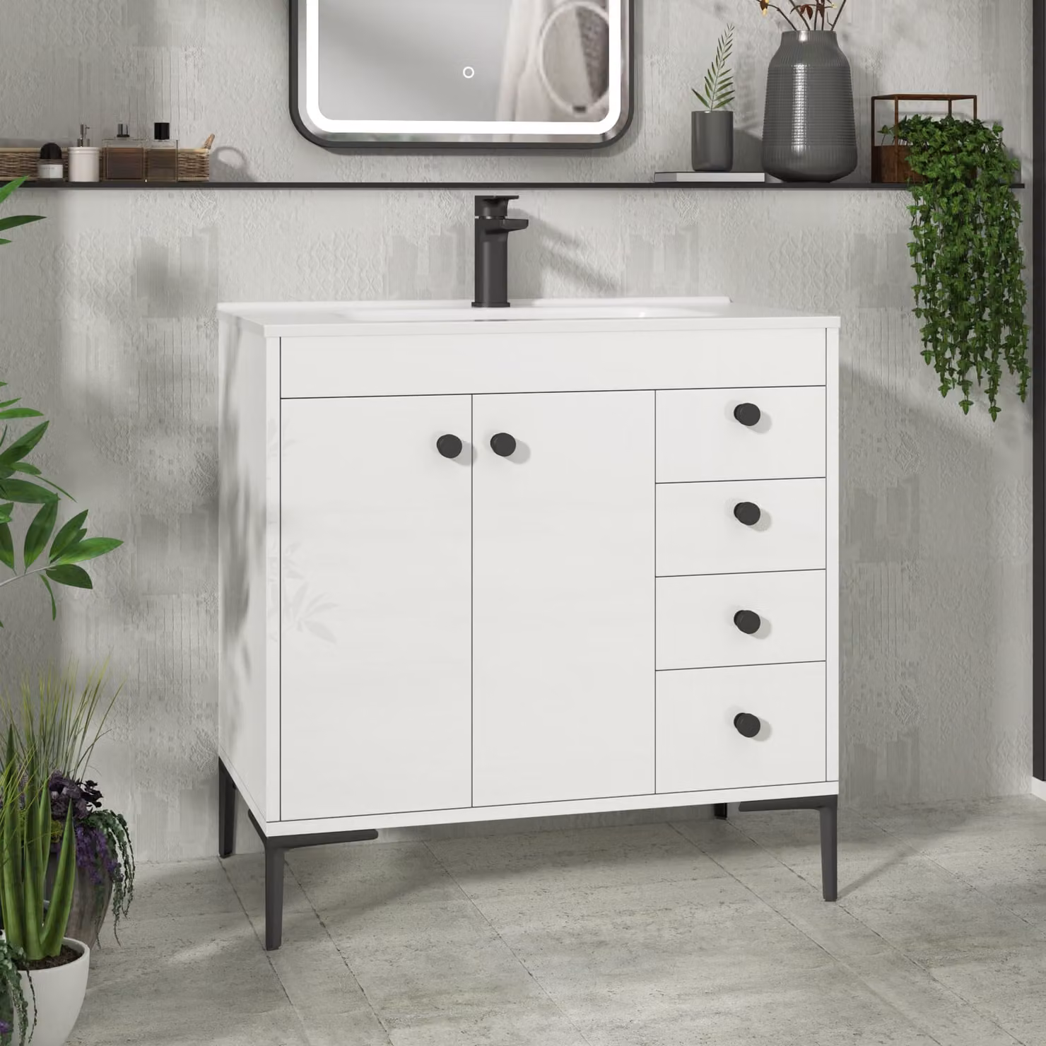 Royal Bathrooms Verona 800mm Gloss White Floor Standing Vanity Unit with Ceramic Basin, 2 Doors and 4 Drawers