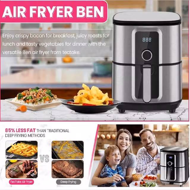 tectake Silver Stainless Steel Hot Air Fryer with 10.2 L Capacity