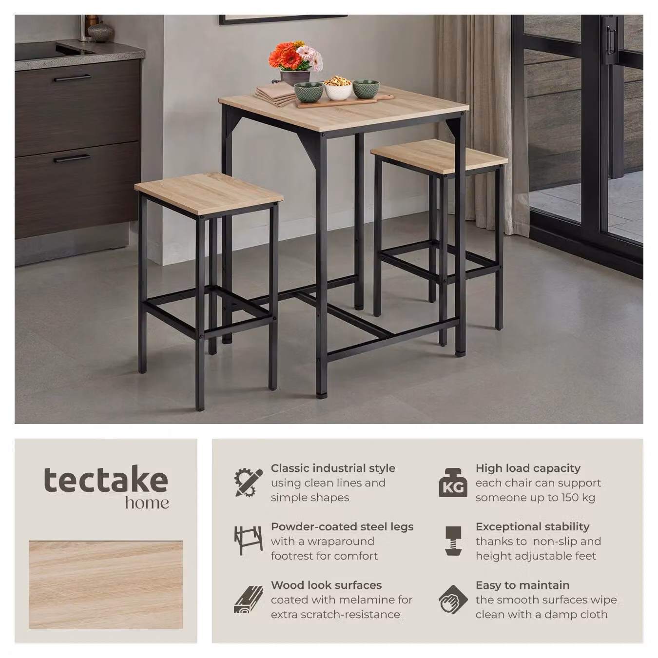 tectake Inverness Dining Table and 2 Bar Stools Set in Light Oak and Brown – 2