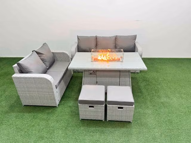 Fimous 7 Seater PE Rattan Wicker Garden Furniture Set in Light Grey with Firepit Dining Table, 3 Seater Sofa, Love Seat and 2 Stools