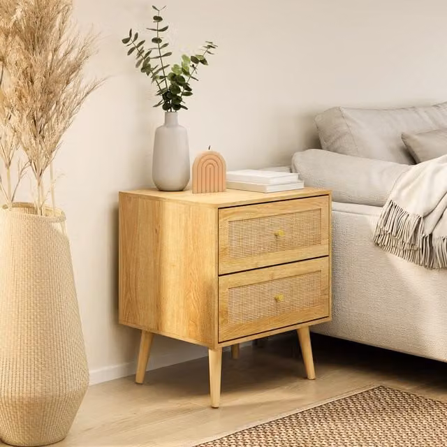 VonHaus Sienna 2 Drawer Bedside Table with Rattan Drawers in Brown and Gold