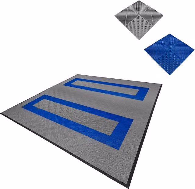 Monstershop Vented Plastic Garage Floor Tiles with Edges, 165 Grey and 60 Blue – 1