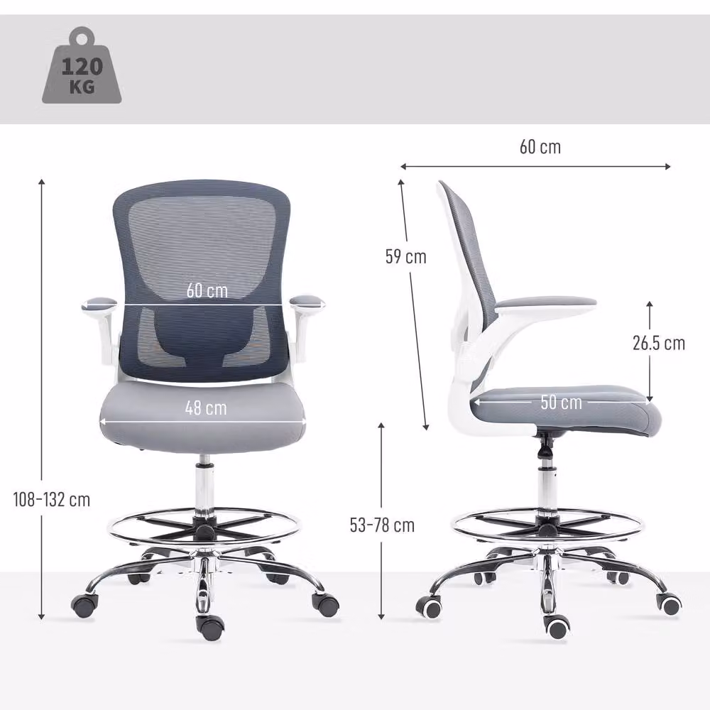 STILVORA Grey Fabric Draughtsman Chair with 360 Degree Swivel, Armrests and Castors – 2