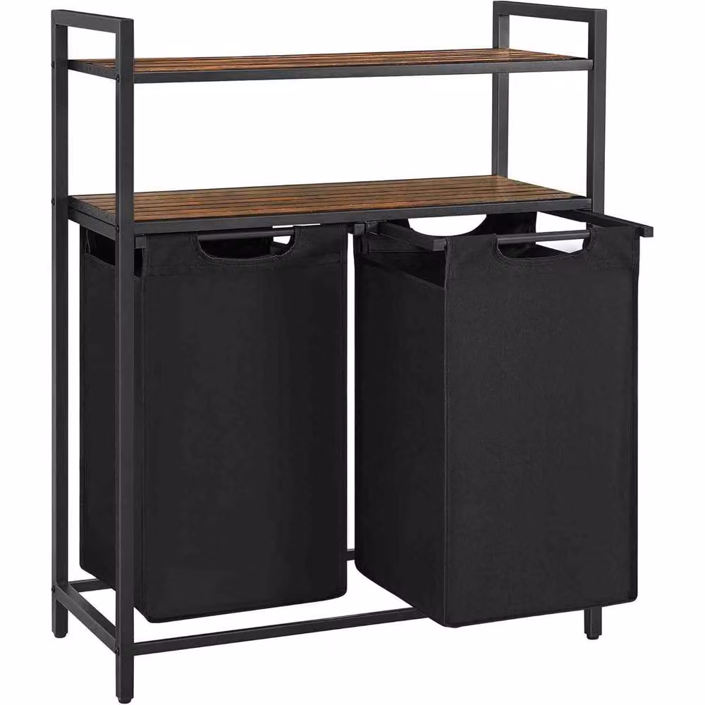 The Bazaarist Double Laundry Hamper with Pull Out Removable Bags and Shelves, Brown and Black – 2
