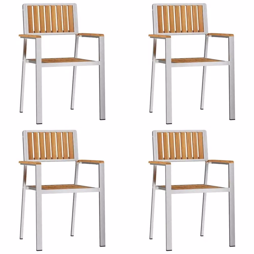 Berkfield Home Set of 4 Stackable Garden Chairs in Silver Teak Wood and Stainless Steel – 2