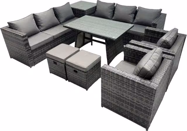 Fimous 10-Seater Outdoor Rattan Furniture Set in Dark Grey with Glass Tabletop