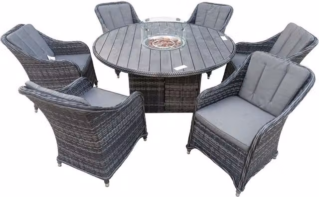 FURNITURE ONE 7 Piece Grey Rattan Dining Set with 150 cm Gas Fire Pit Table