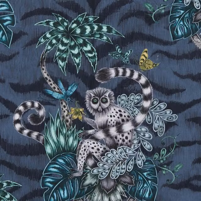 Emma Shipley Lemur Graphic Cotton Fabric in Navy and Multicolour
