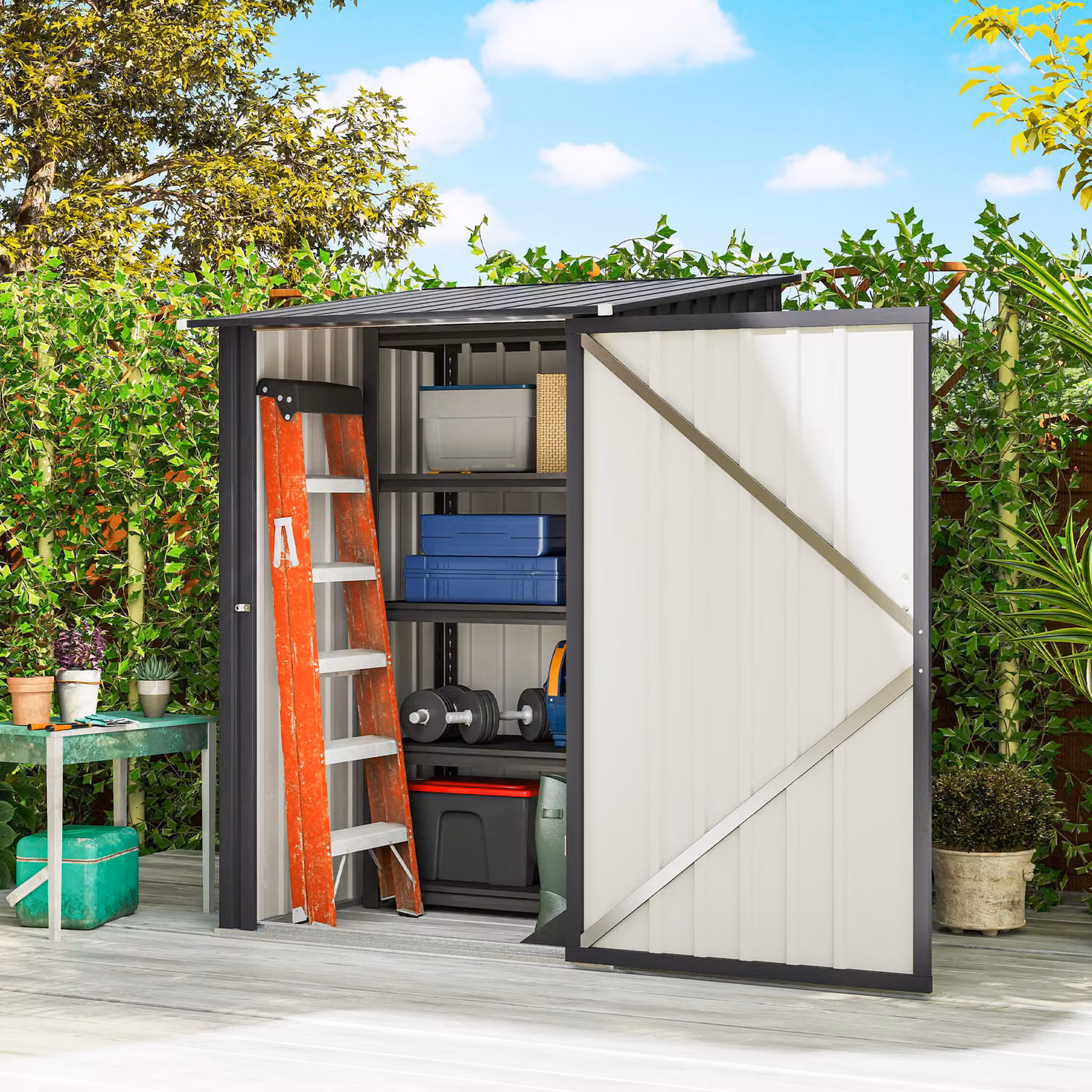 Outsunny Dark Grey Galvanised Steel Lean To Pent Garden Shed with Locking Single Door – 2
