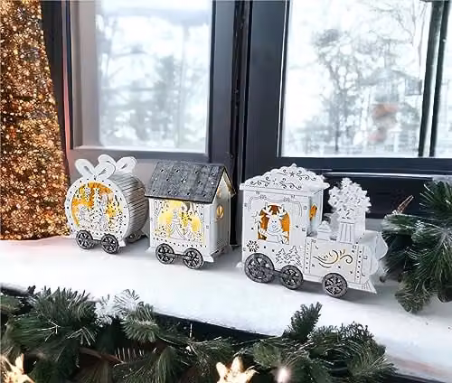 Xmas Haus Festive Light Up LED Wood Christmas Train with 2 Carriages in White and Brown – 5