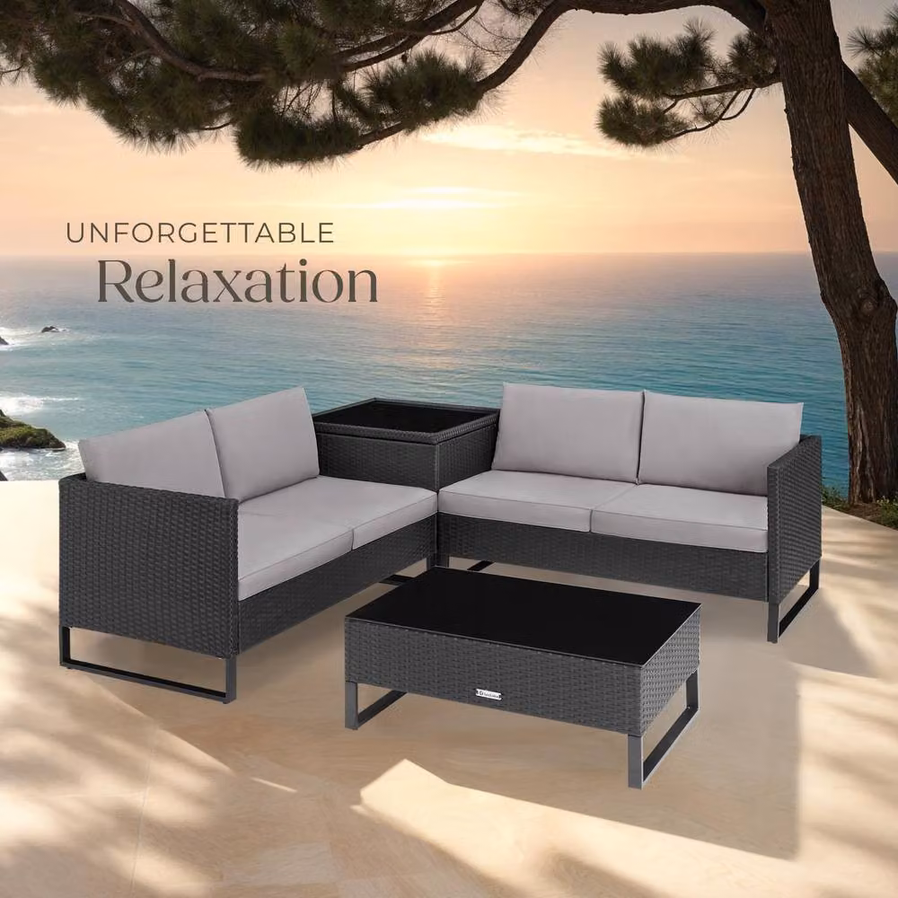 tectake Ostuni 4-Person Garden Furniture Set in Black with Upholstered Cushions and Glass Coffee Table – 6