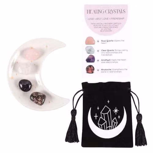 KDMD Love Healing Crystal Set with Moon Trinket Dish in Pink, White, Purple and Multicolour