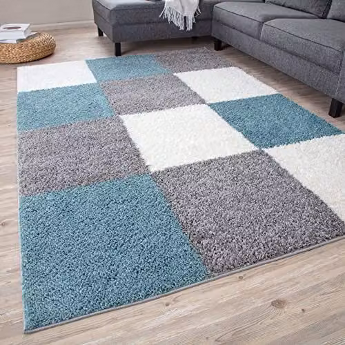 THE RUGS Modern Checked Shaggy Area Rug in Blue and Grey, W: 80 cm, L: 150 cm – 1