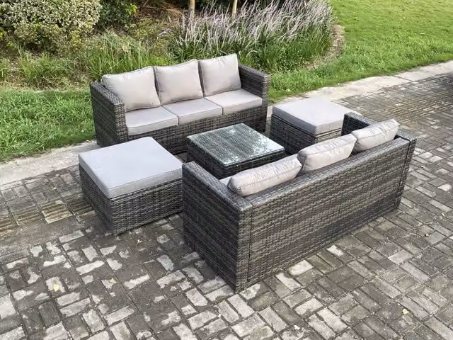 Fimous 8 Seater Rattan Garden Furniture Set in Dark Grey with U-Shape Sofa, Coffee Table and 2 Ottomans