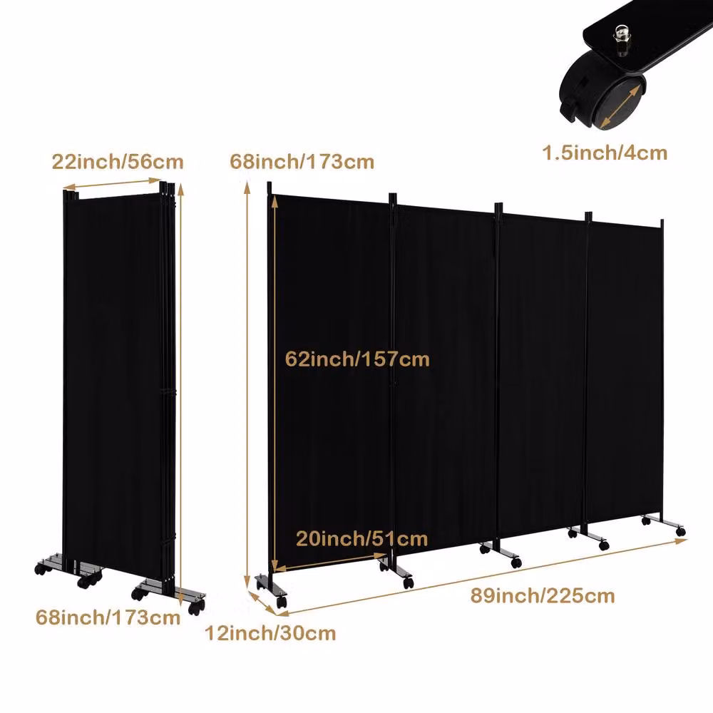 CASART 4 Panel Rolling Privacy Screen Room Divider in Black – 2