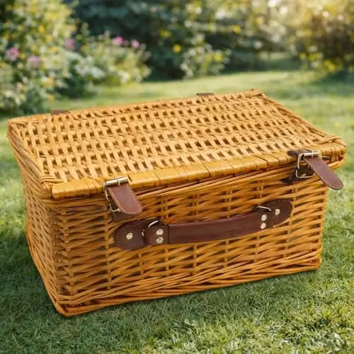 Gr8 Garden Luxury Brown Wicker Picnic Basket Hamper Set for 4 People with Glassware, Plates, Cutlery, Napkins and Bottle Opener – 3