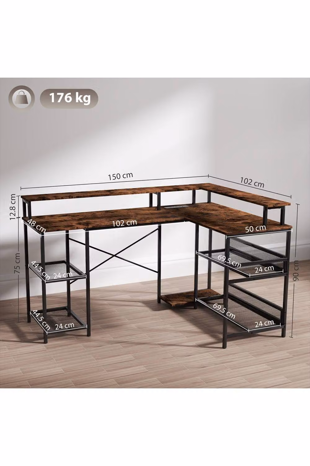 ERGOVEXA L-Shaped Computer Desk with LED Lighting and Shelves, Rustic Brown, W: 150 cm, D: 102 cm, H: 80 cm – 2