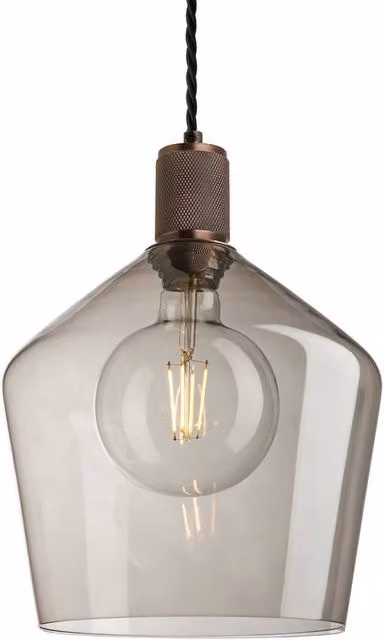 Industville Knurled Smoked Glass Schoolhouse Pendant in Bronze, Diameter: 25.4 cm – 1