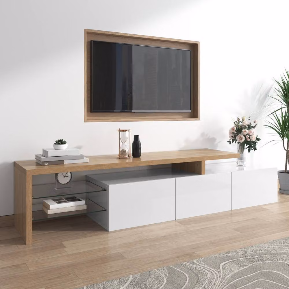 STILVORA Modern White Glossy TV Cabinet with Glass Shelves and LED Lighting – 2
