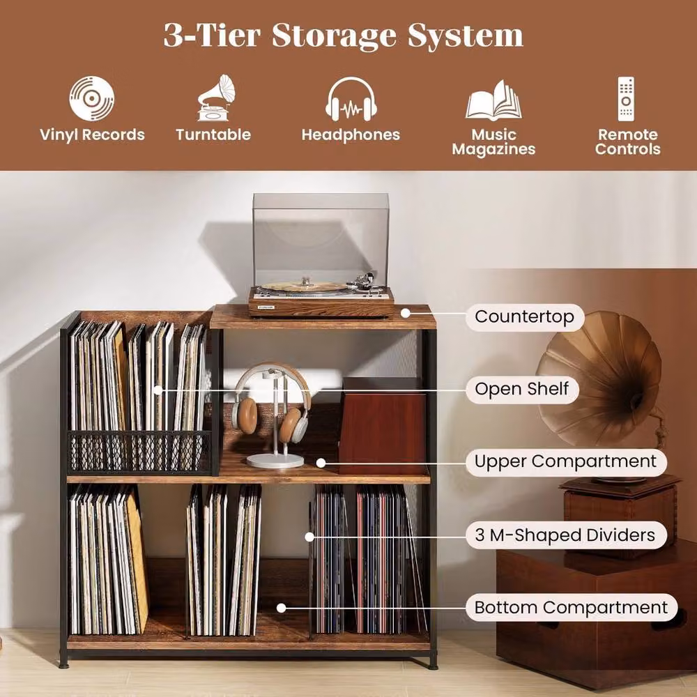 SPETLEK 3-Tier Brown Wood Record Player Stand and Vinyl Storage Cabinet – 3