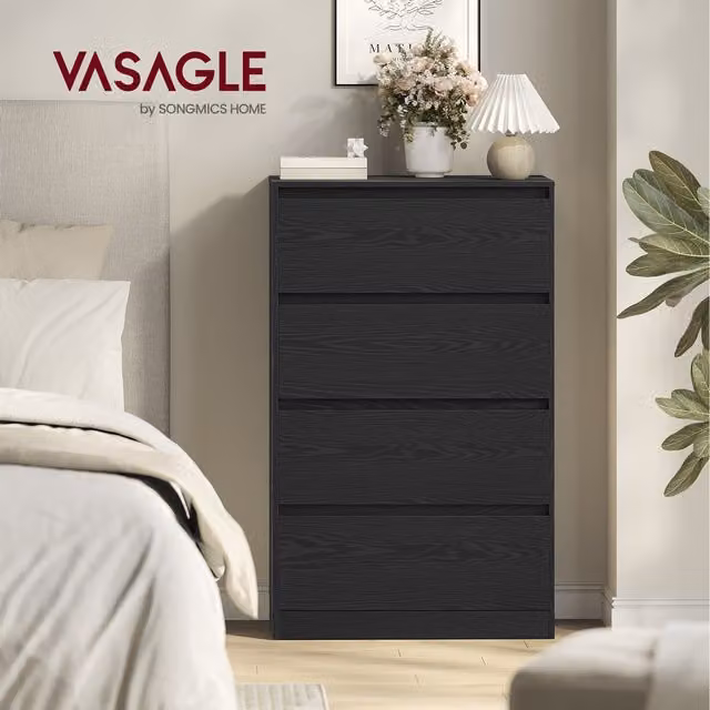 VASAGLE Modern 4-Drawer Dresser Storage Cabinet in Ebony Black, W/D/H: 60 x 40 x 97.4 cm