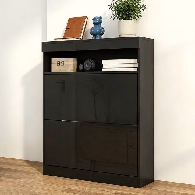 ERGOVEXA High Gloss Black Shoe Cabinet with 2 Tilting Flip Doors, W/D/H: 99.5 x 2.0 x 80.0 cm